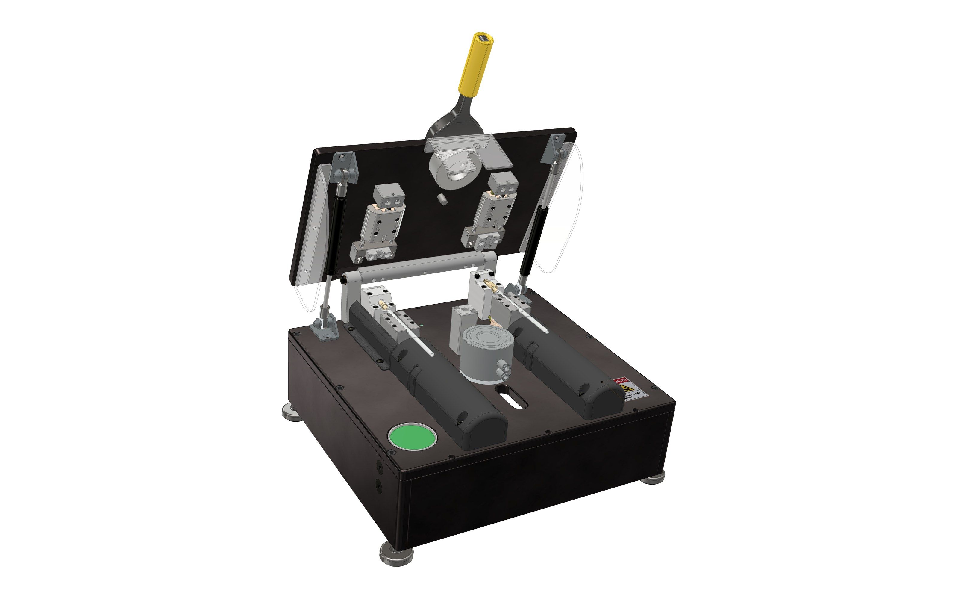 Benchtop assembly station with a black anodized base, a hinged tool plate held open on two gas springs, two fitting clamps on the plate, a central press cylinder, and a green start button