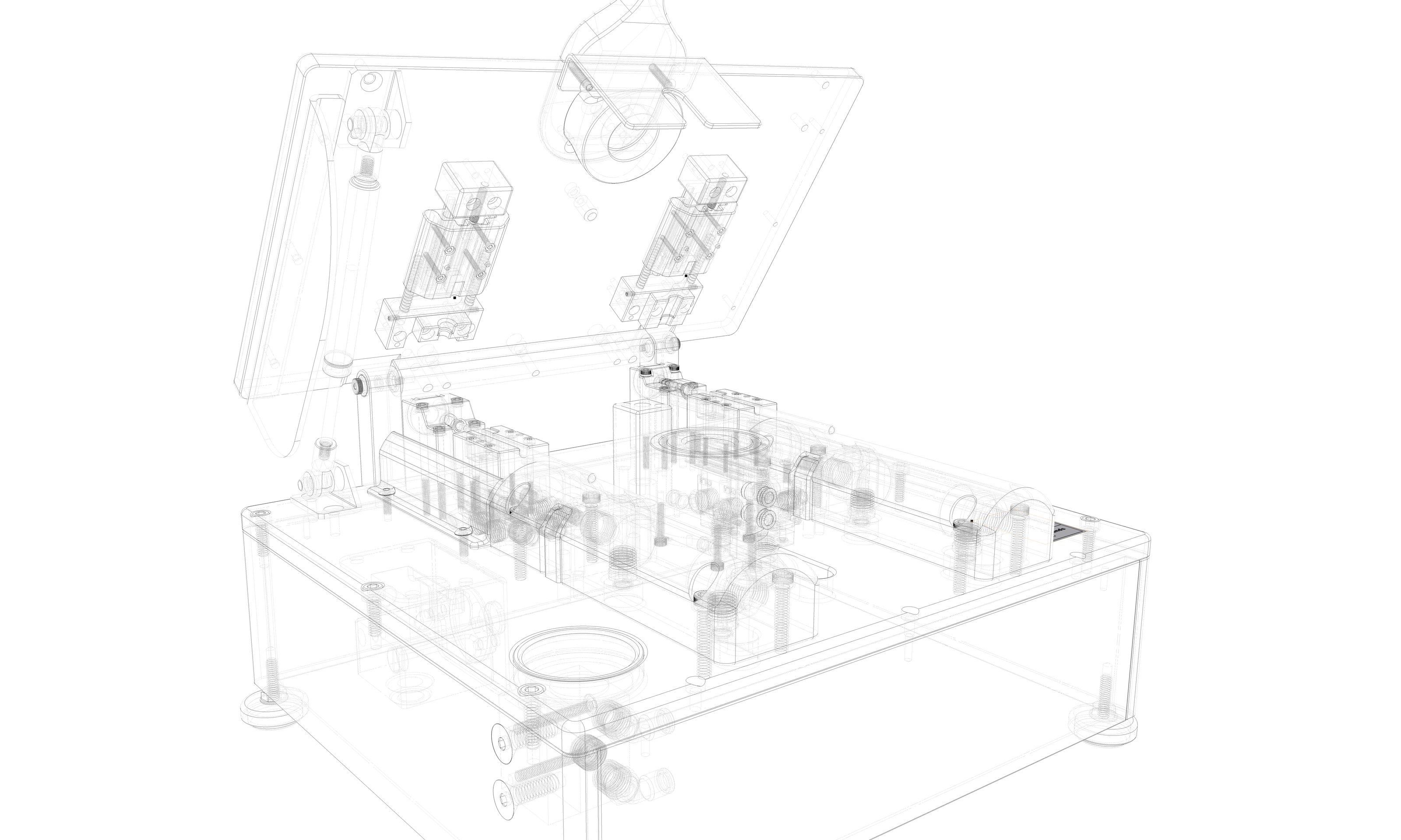 Wireframe view of the whole station revealing the cylinders, valve, hardware, and the structure inside the enclosed base