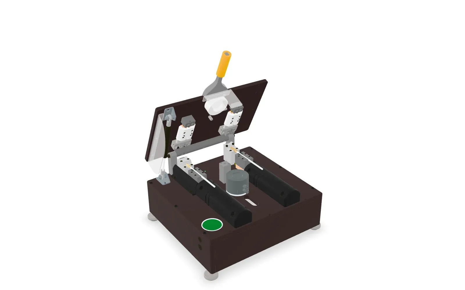 Complete assembly station with the tool plate open, showing the fitting clamps, the nests on the slide carriage, the press cylinder, and the enclosed base