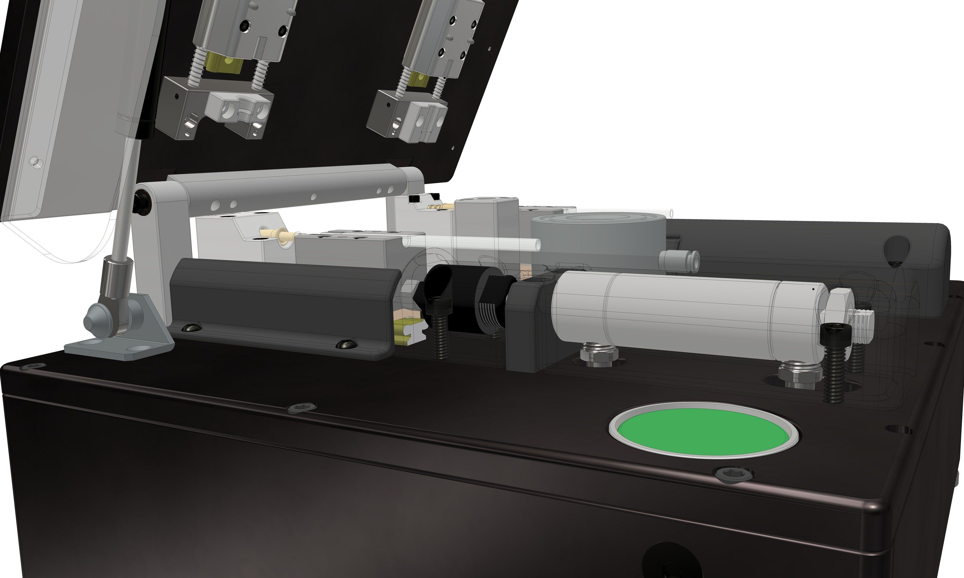 Close view of the press cylinder and slide-mounted nest carriage beside the gas-spring hinge, with the green start button in the foreground